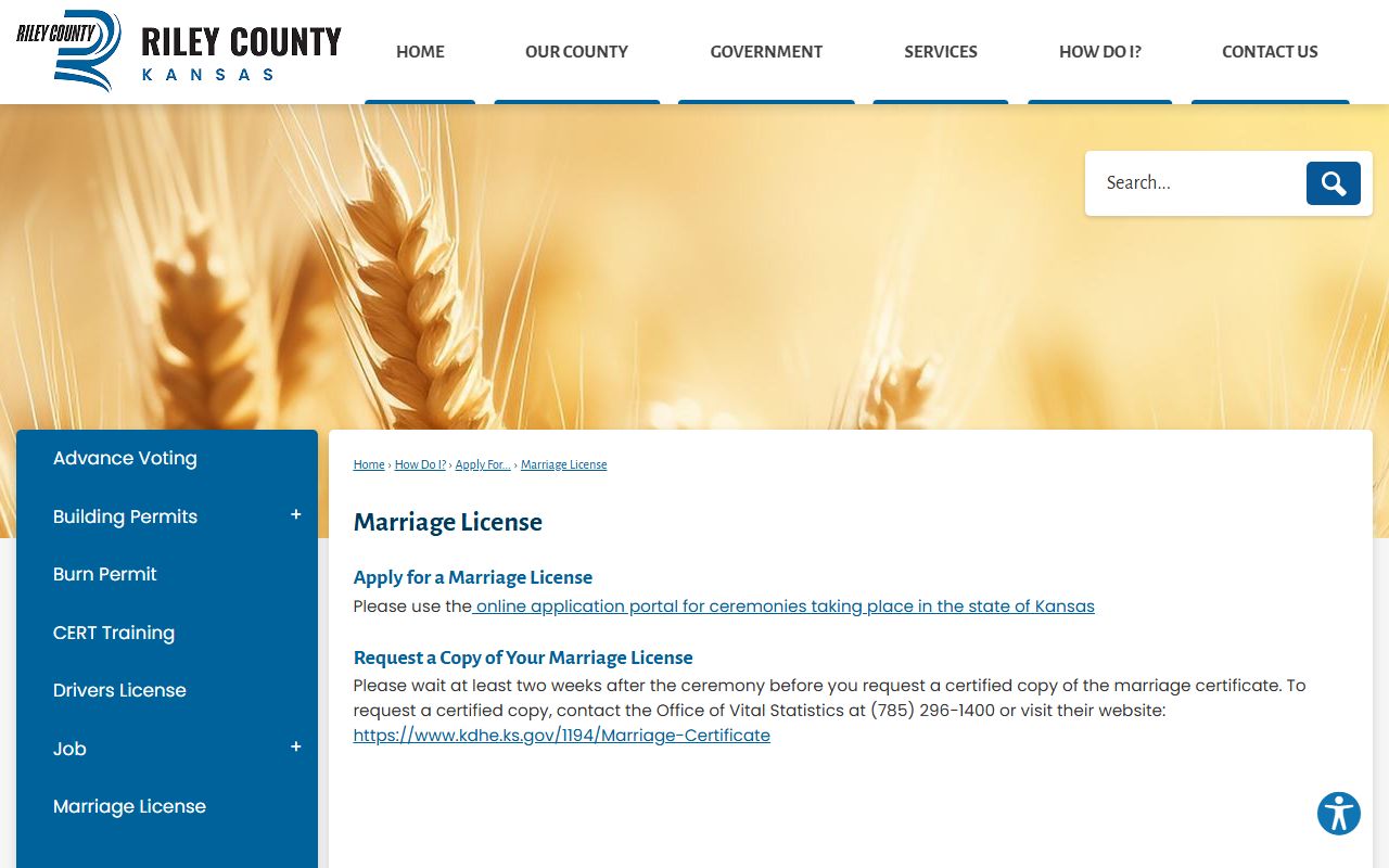Riley County Clerk of the Court marriage license court records page