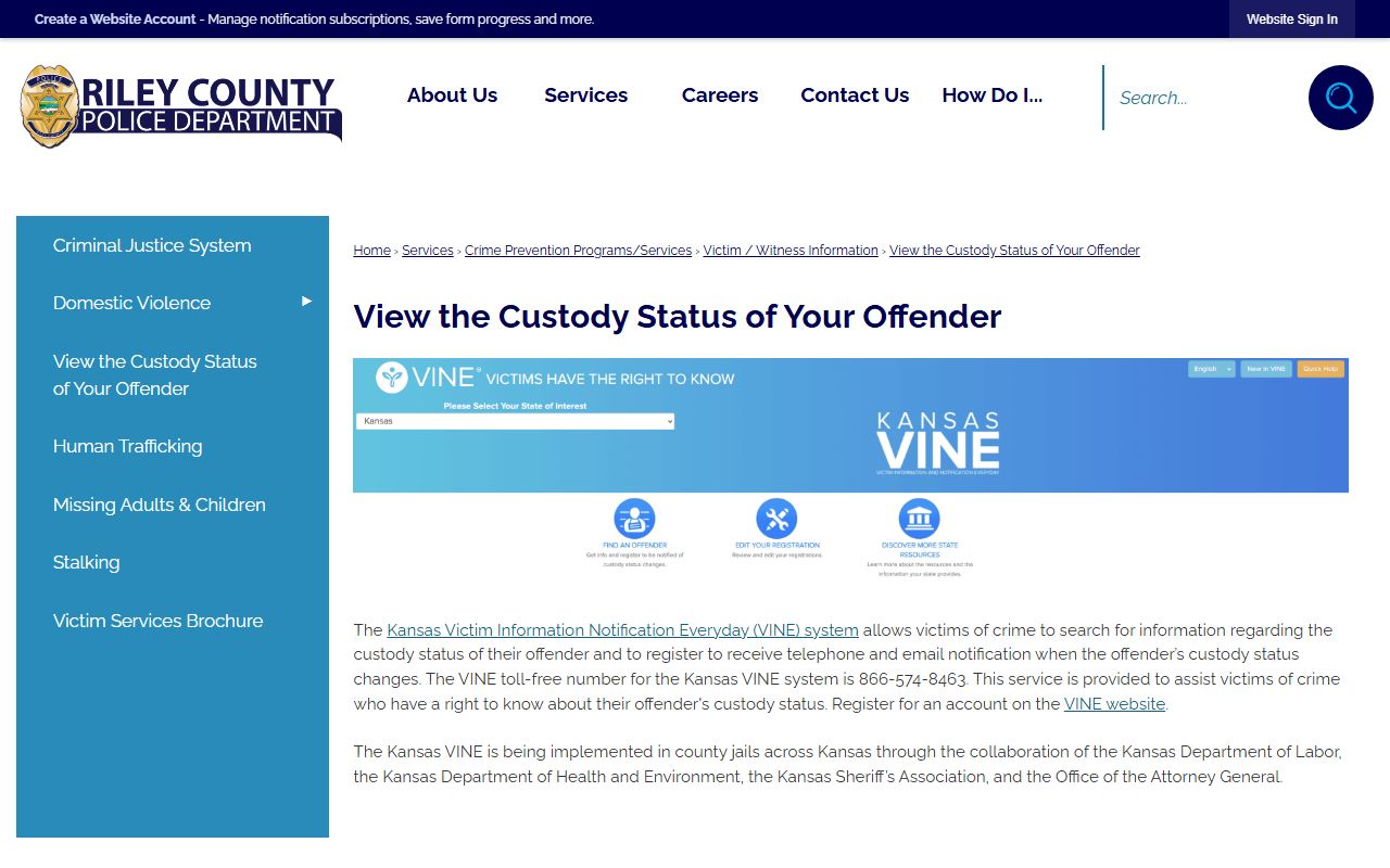 Riley County inmate records and Kansas VINE custody status