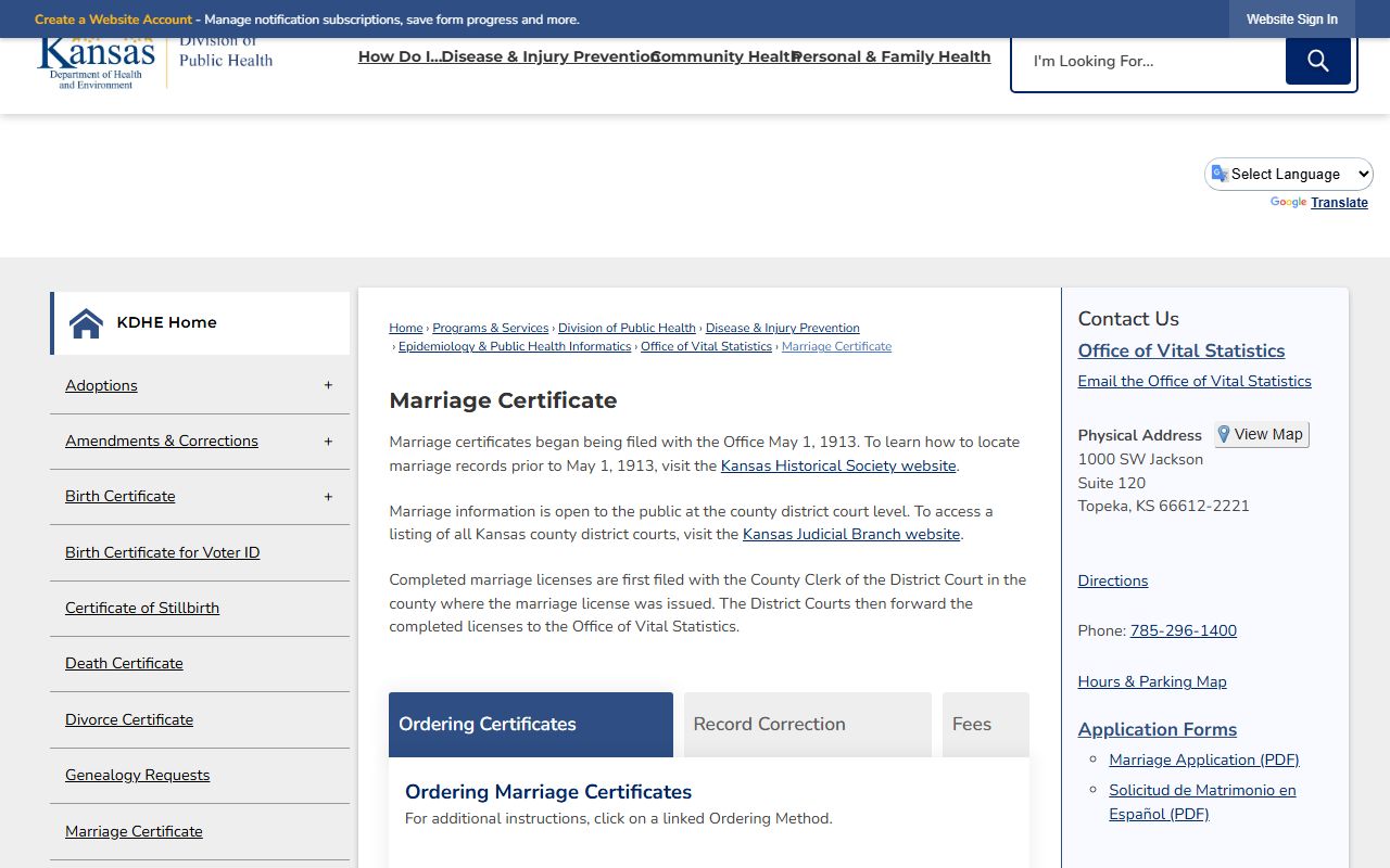 Riley County marriage records KDHE marriage certificate certified copy