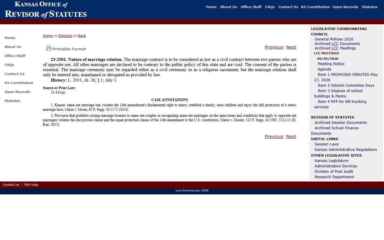 Riley County marriage records Kansas marriage statute KSA 23-2501