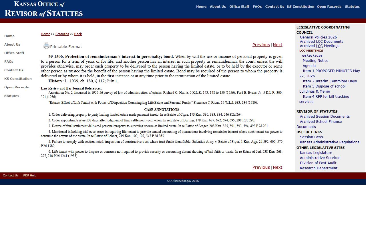 Riley County probate records Kansas probate statute KSA 59-1506