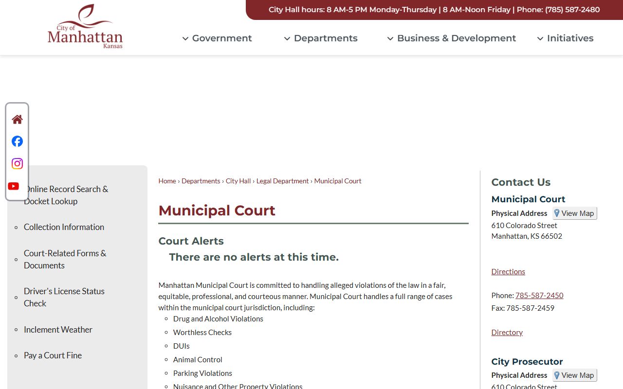 Riley County traffic court records Manhattan Municipal Court page