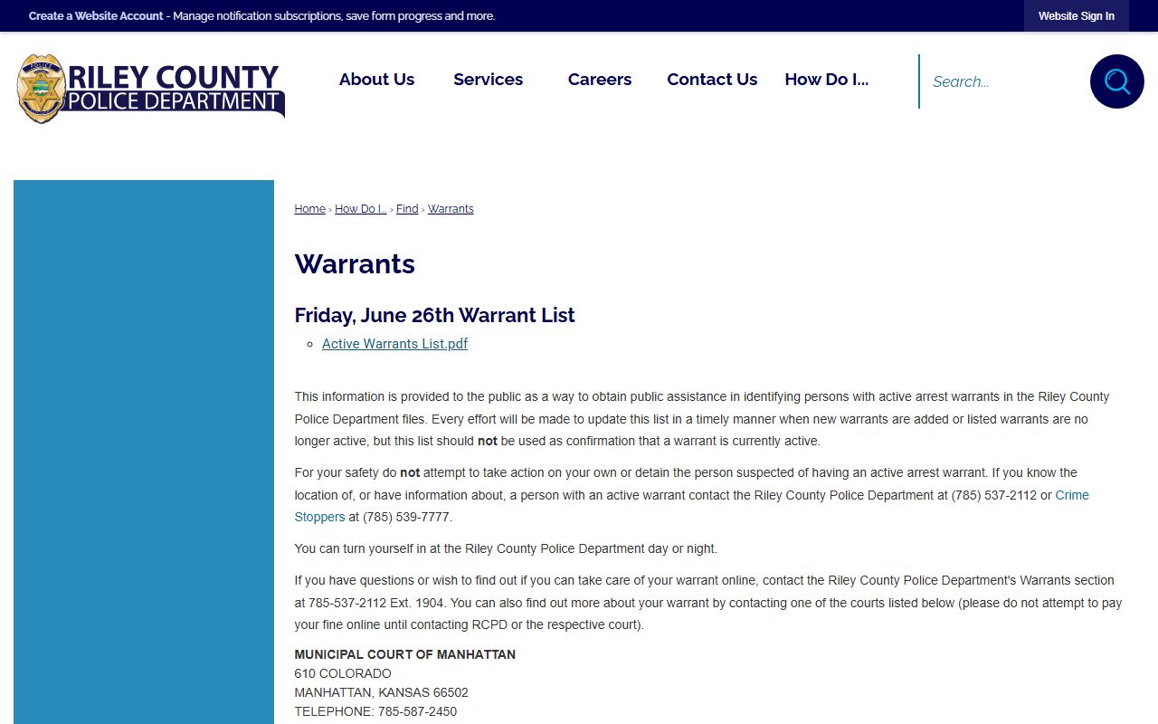 Riley County warrant records page from RCPD